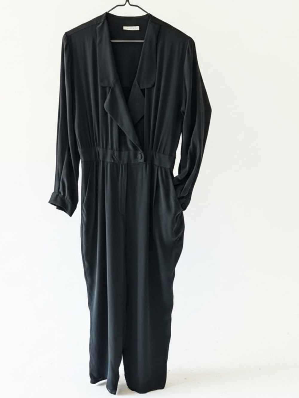 I. Magnin Black Long Sleeve Wrap Jumpsuit Vintage 80s Sz M